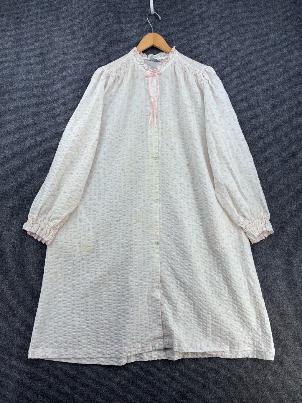 Vtg Miss Elaine Grandmacore White Pink Floral Seersucker Nightgown Womens L